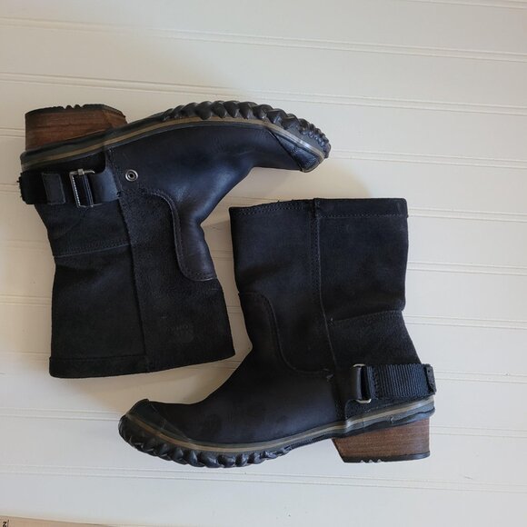 Sorel Slimshortie Boots Size 7 Black Suede and Leather Moto Buckle Pull On - Picture 7 of 14